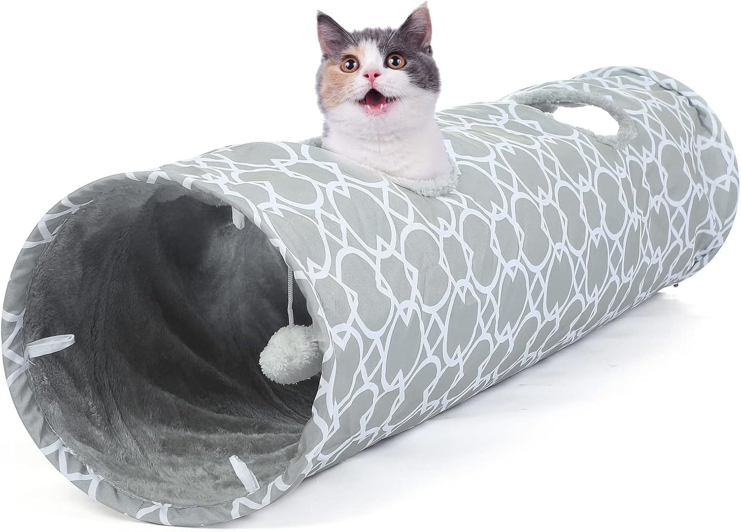 Geometric Straight Cat Tunnel with Plush Inside,Cats Toys Collapsible Tunnel Tube with Balls, for Rabbits, Kittens, Ferrets,Puppy, Diameter 9.8 Inch