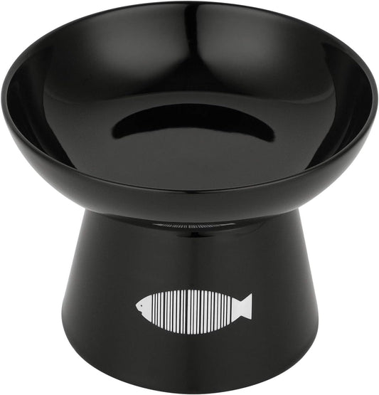 Cat Raised Food/Water Bowl for Elder Big Cats, Non-Skid 4.8X6.4In Premium Ceramic Cat Bowls with Stand, Sturdy and Anti-Fall… (Black)