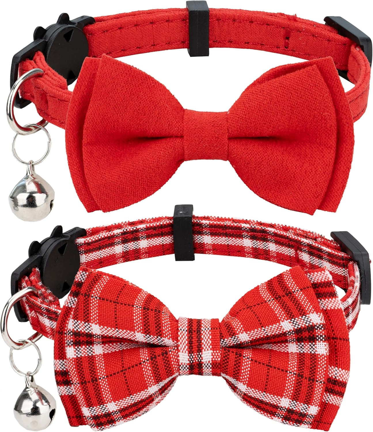 Cat Collar Breakaway Bowtie Safety with Bell Adjustbale Kitten Puppy Solid Plaid Color Set D-[2Pcs] Pink-2