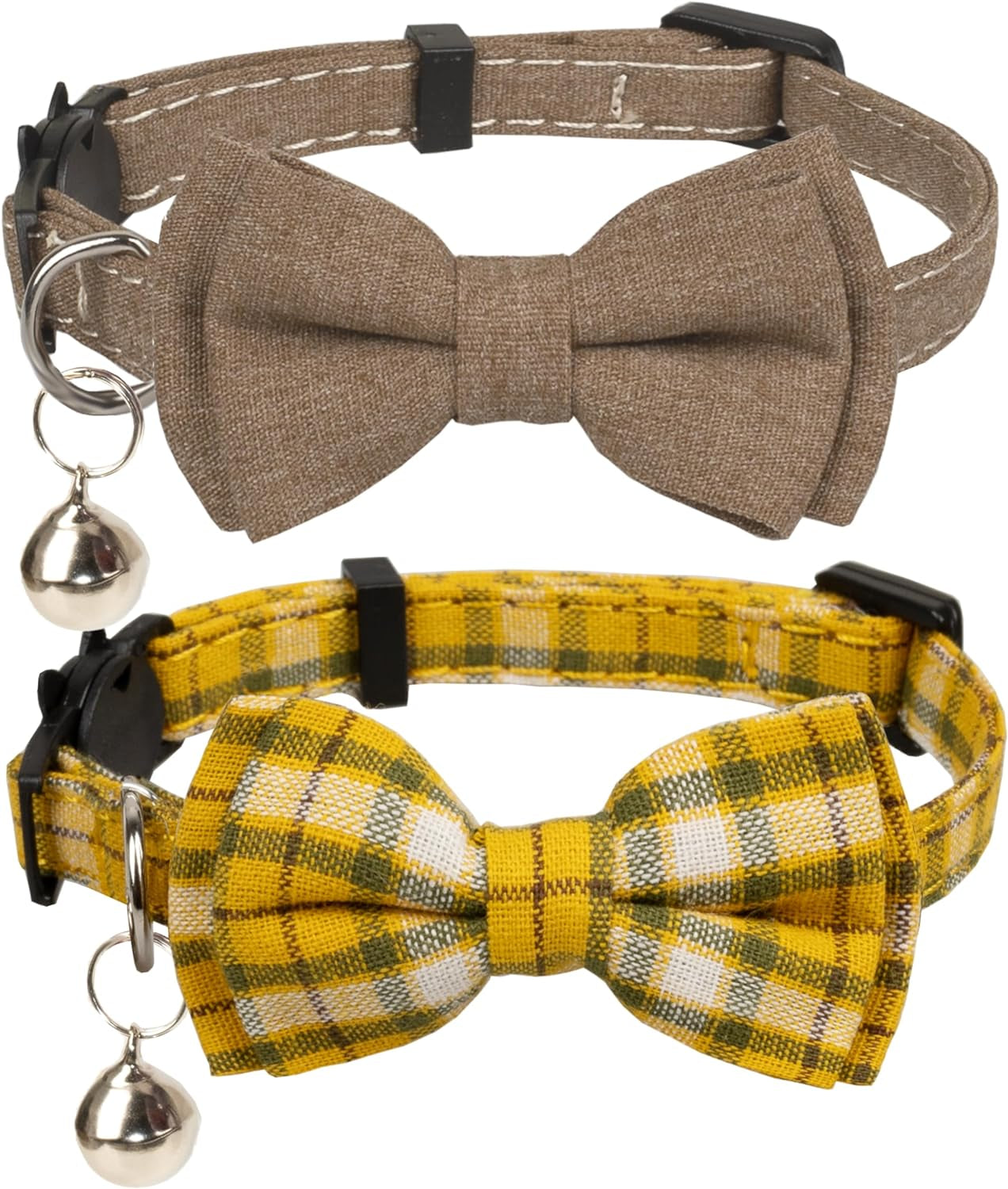 Cat Collar Breakaway Bowtie Safety with Bell Adjustbale Kitten Puppy Solid Plaid Color Set D-[2Pcs] Pink-2