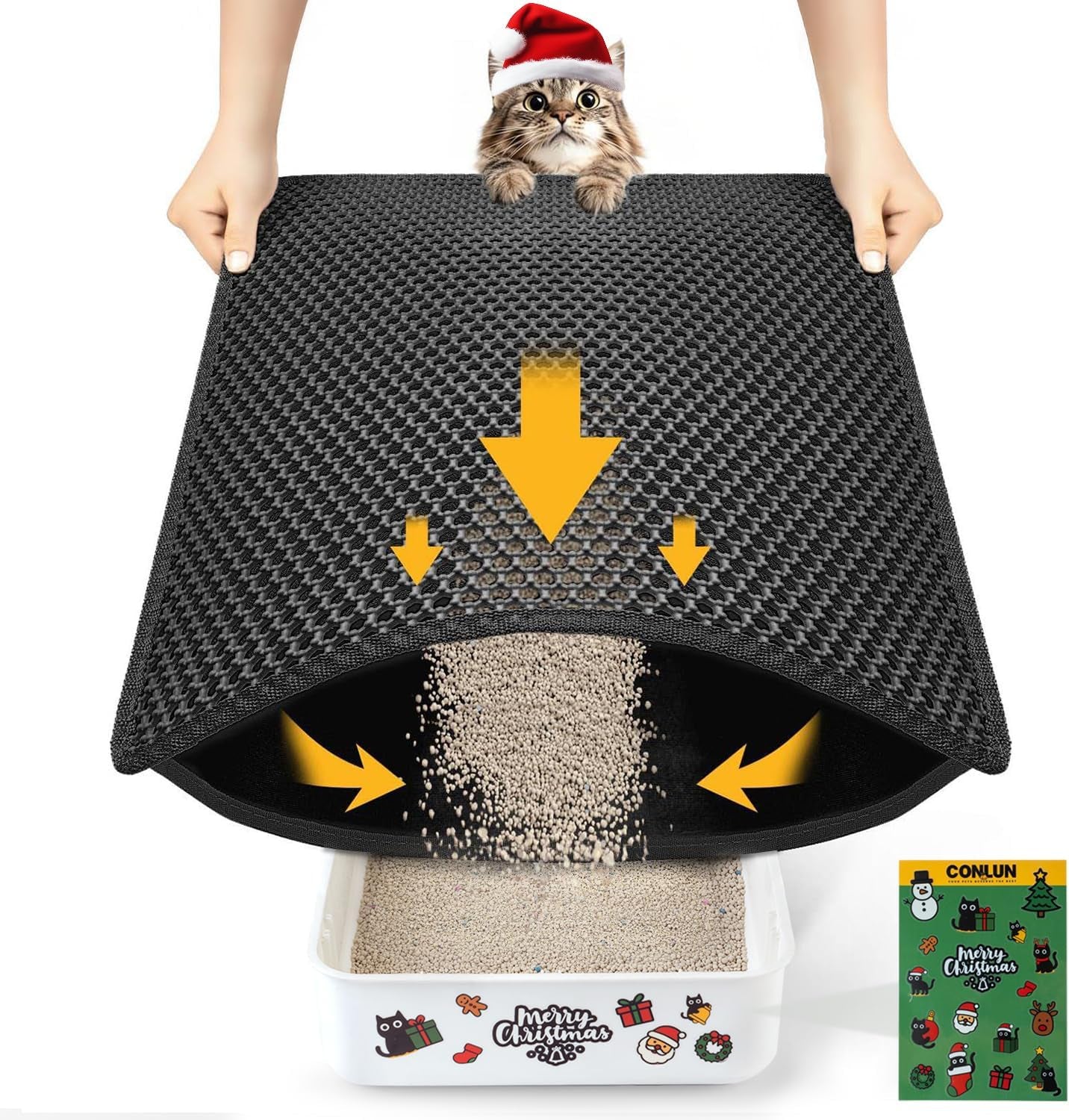 Cat Litter Mat Litter Box Mat, EVA Honeycomb Double Layer Design, Urine & Waterproof, Scatter Control Kitty Litter Mat, Less Waste, Easier to Clean,Washable, Black