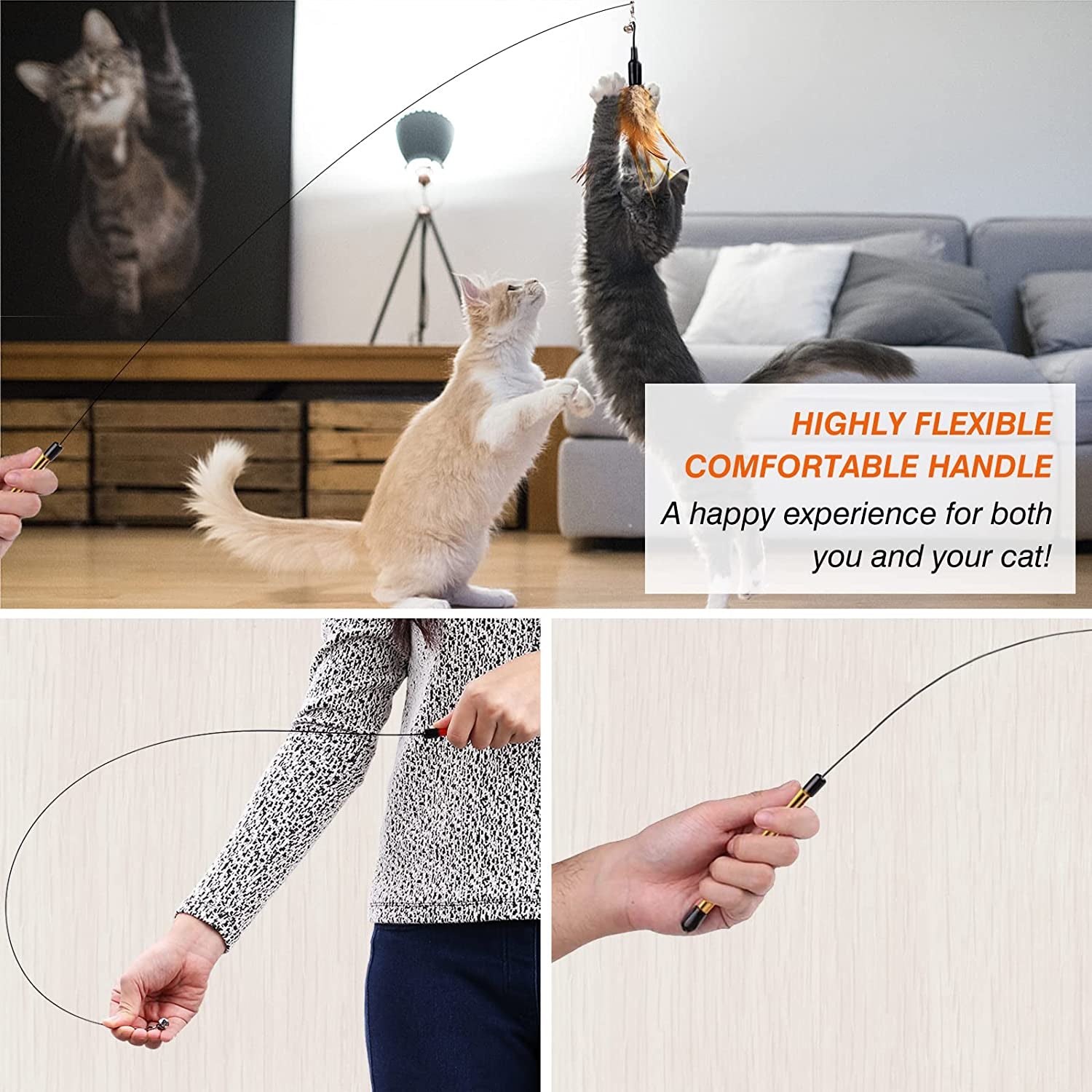 Feather Teaser Cat Toy - Interactive Wand with Extra Long 34.5" Wand and Small Bell, Fun Exerciser Playing Toy for Kittens or Cats, Brown Feather