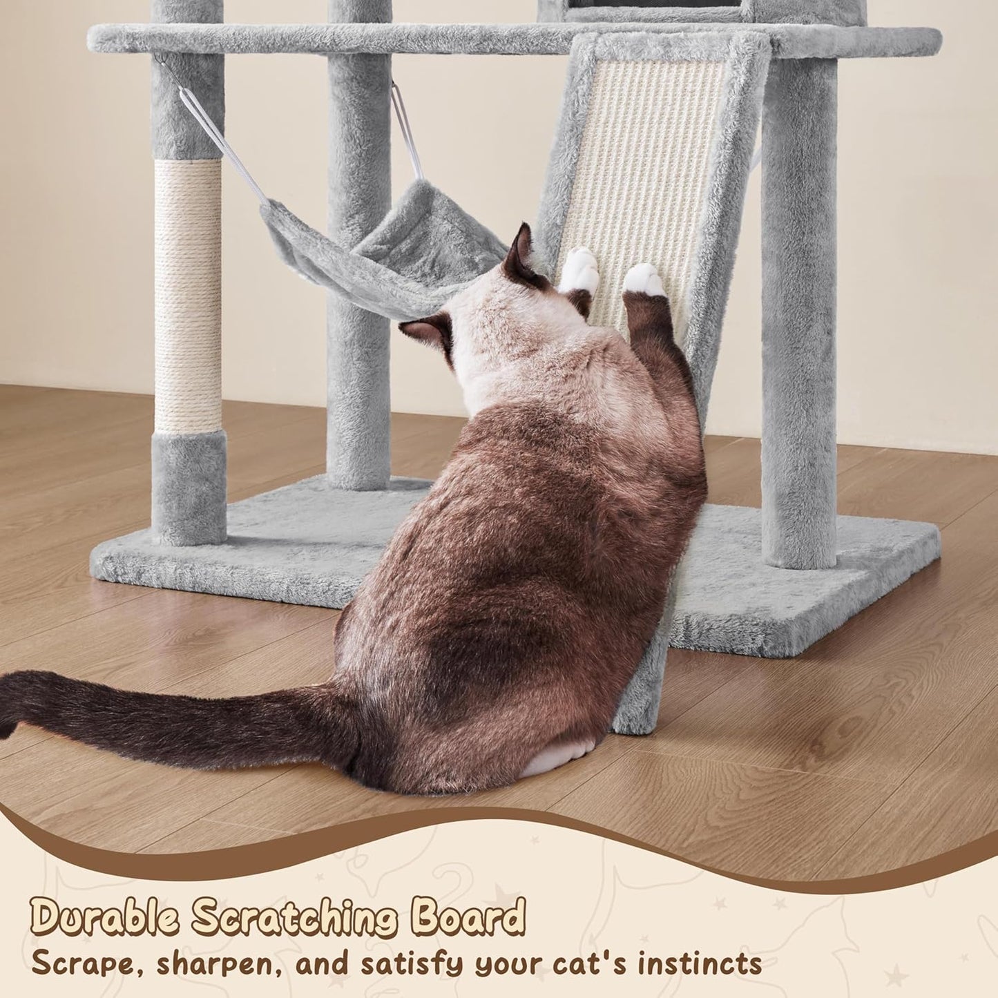 63.5In Multi-Level Cat Tree Tower Condo with Scratching Posts, Platform & Hammock, Cat Activity Center Play Furniture for Kittens, Cats, and Pets
