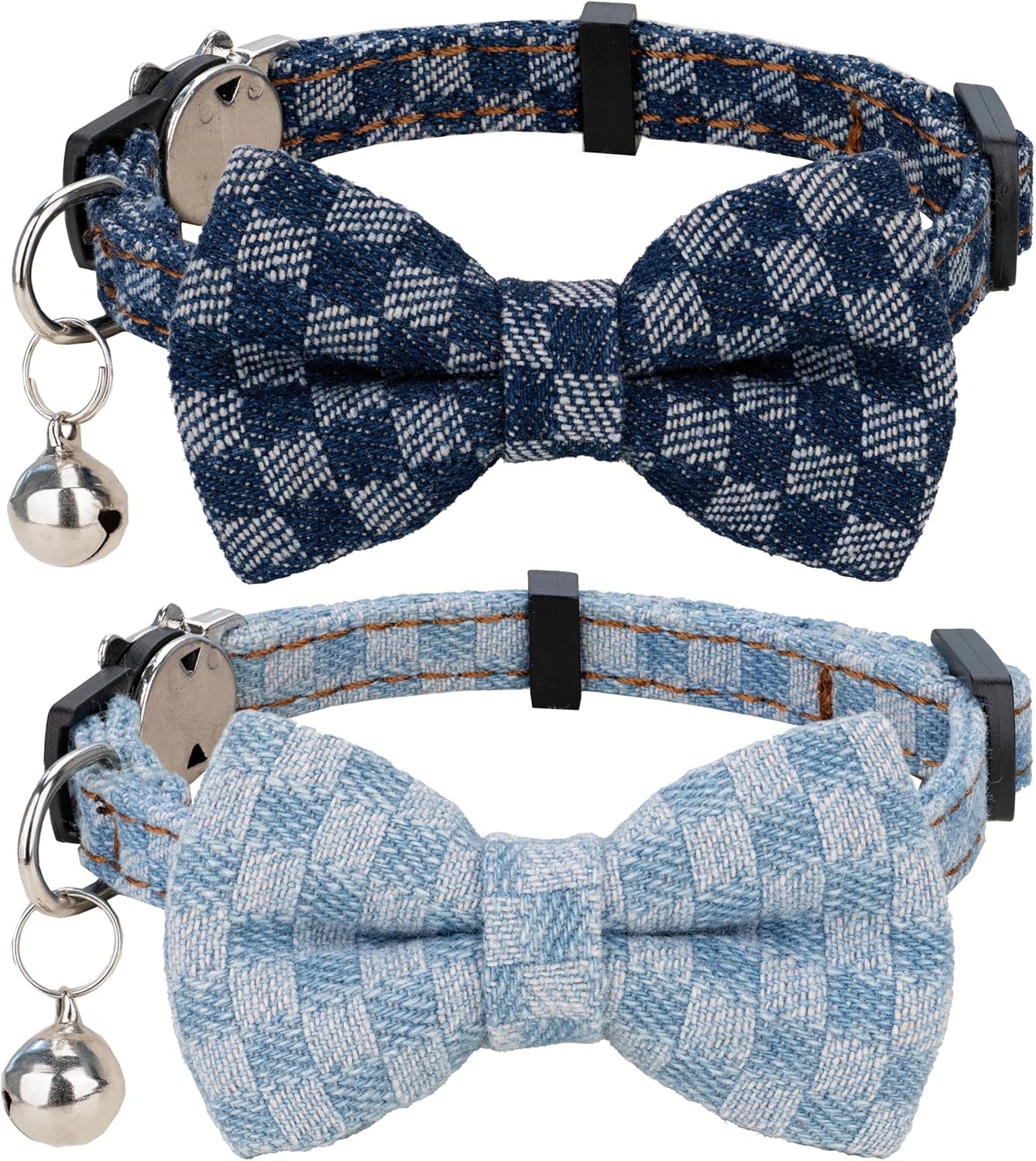 Cat Collar Breakaway Bowtie Safety with Bell Adjustbale Kitten Puppy Solid Plaid Color Set D-[2Pcs] Pink-2