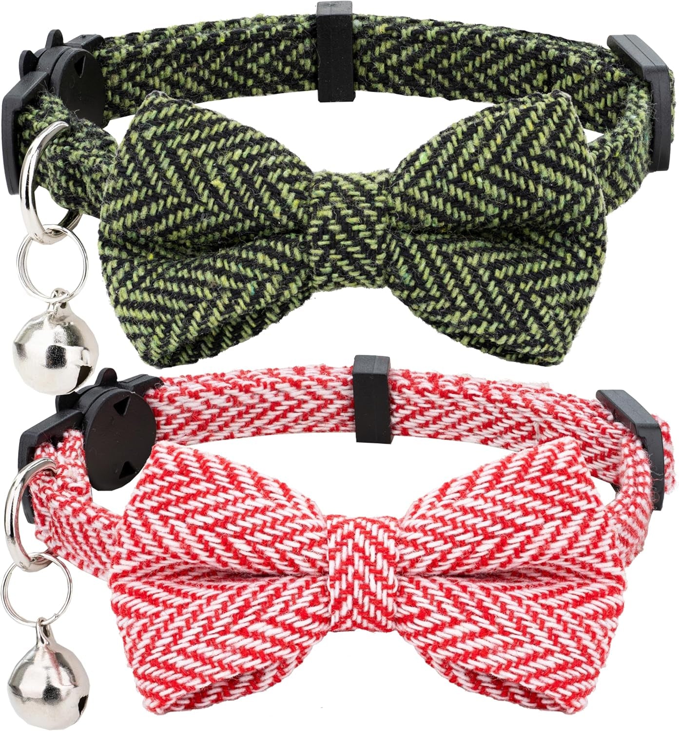 Cat Collar Breakaway Bowtie Safety with Bell Adjustbale Kitten Puppy Solid Plaid Color Set D-[2Pcs] Pink-2