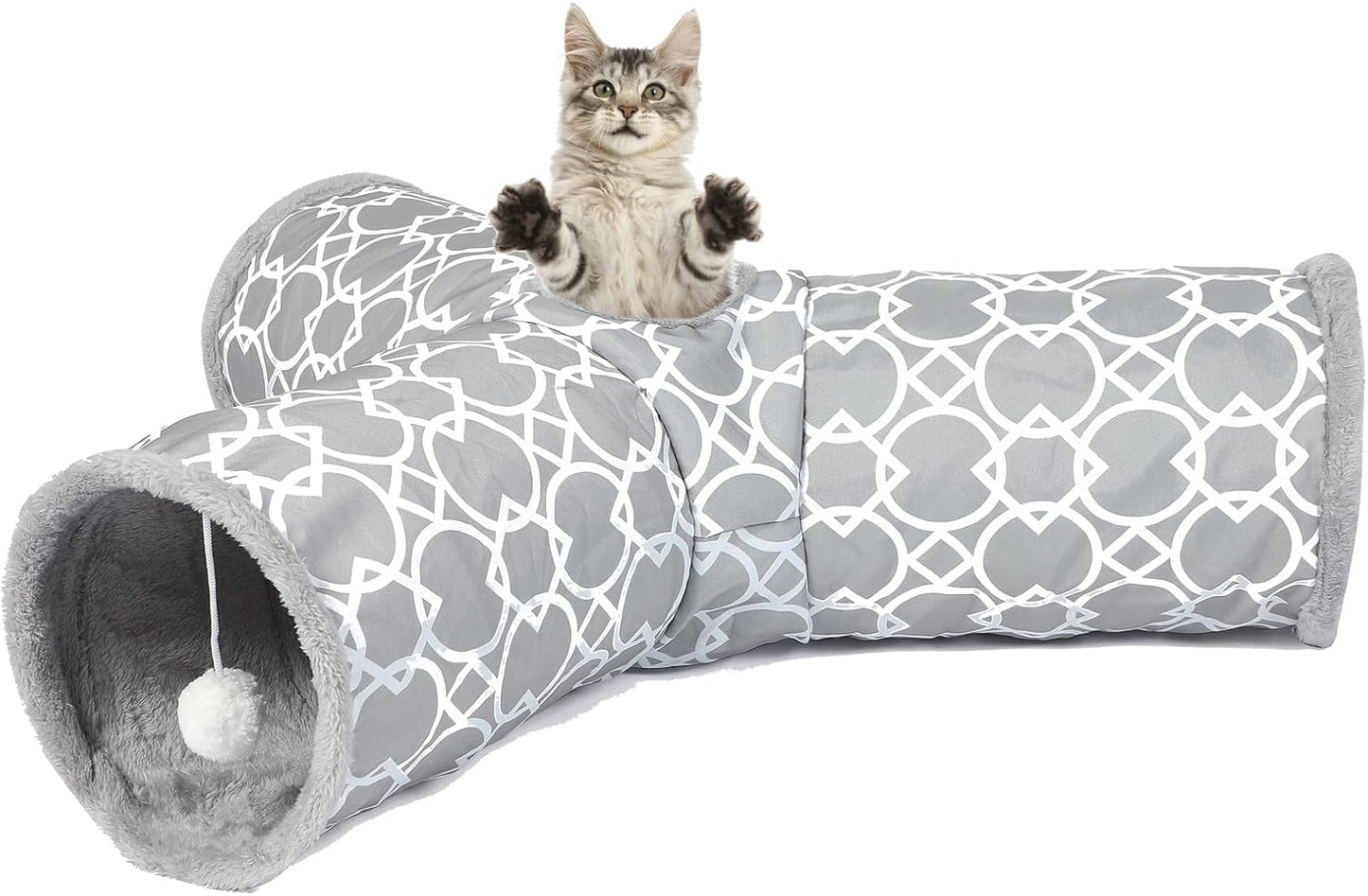 Geometric Straight Cat Tunnel with Plush Inside,Cats Toys Collapsible Tunnel Tube with Balls, for Rabbits, Kittens, Ferrets,Puppy, Diameter 9.8 Inch