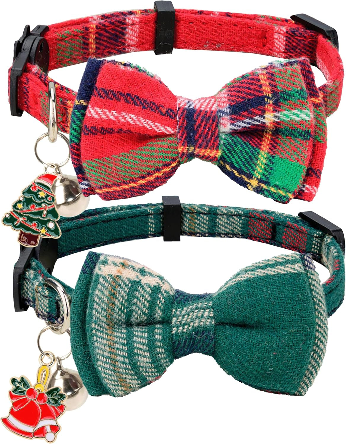 Cat Collar Breakaway Bowtie Safety with Bell Adjustbale Kitten Puppy Solid Plaid Color Set D-[2Pcs] Pink-2