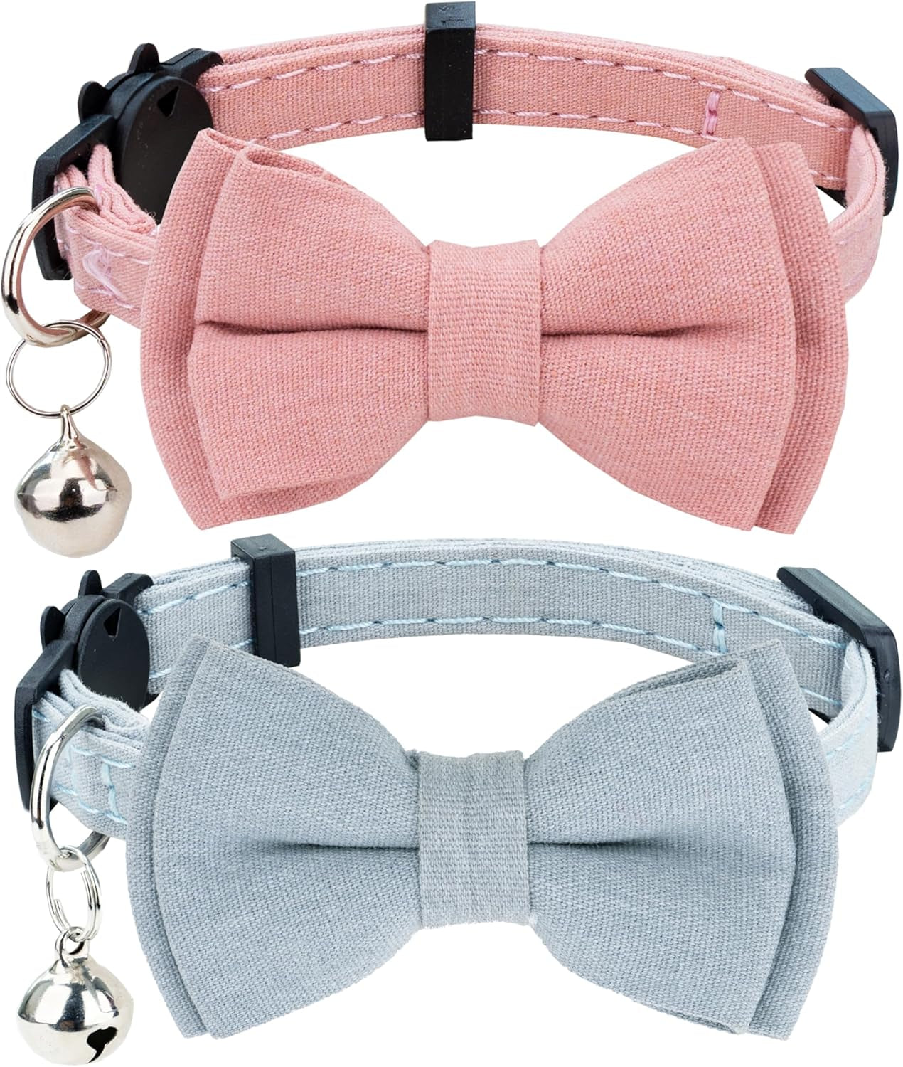 Cat Collar Breakaway Bowtie Safety with Bell Adjustbale Kitten Puppy Solid Plaid Color Set D-[2Pcs] Pink-2
