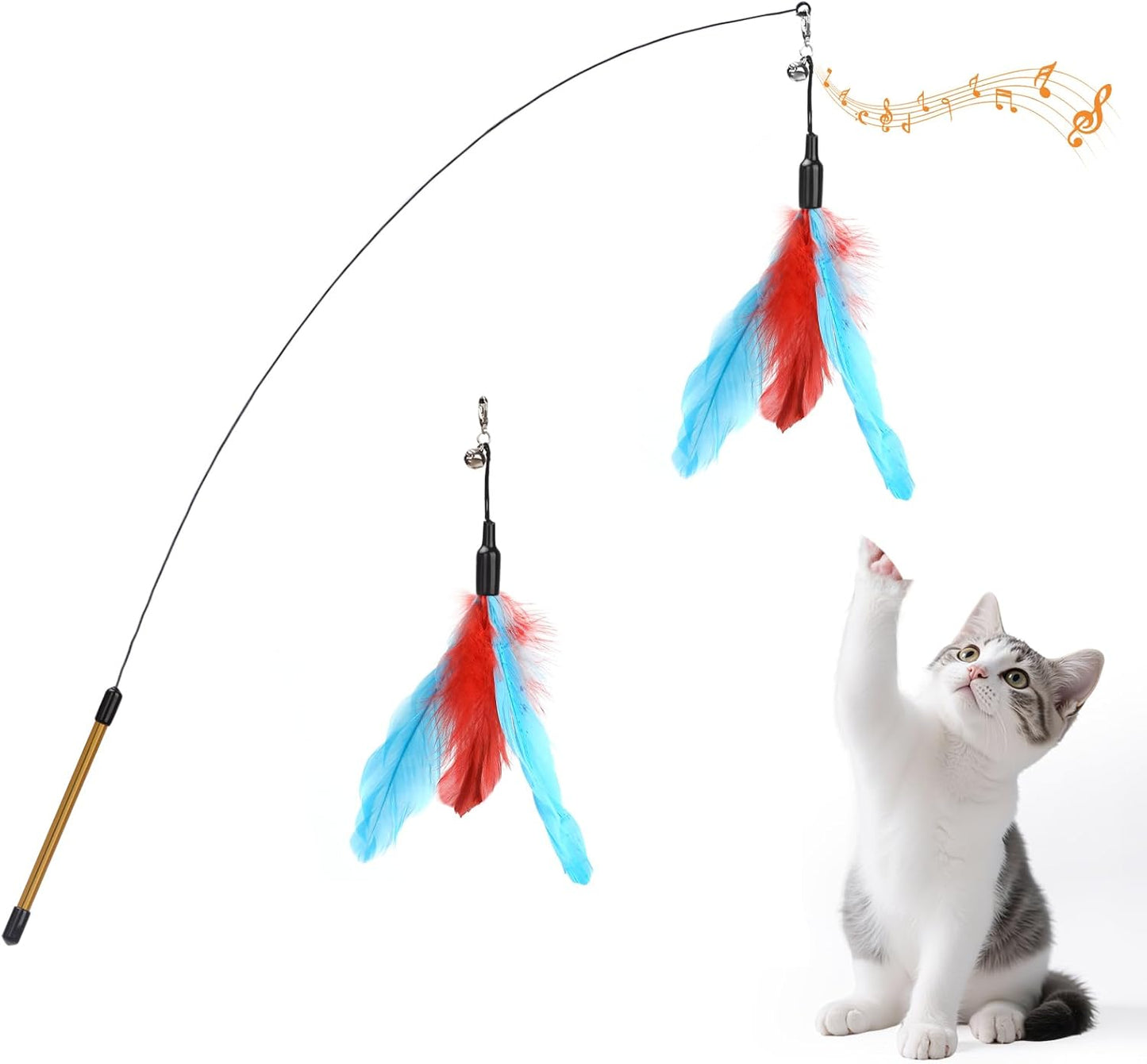 Feather Teaser Cat Toy - Interactive Wand with Extra Long 34.5" Wand and Small Bell, Fun Exerciser Playing Toy for Kittens or Cats, Brown Feather