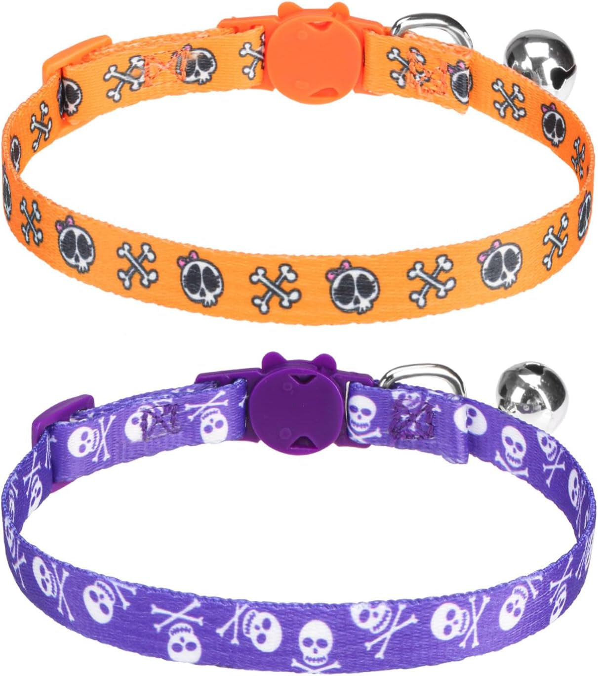 Breakaway Cat Collar with Bell Charm, 2 Packs Adjustable Kitty Collars Pink & Black Skull Pattern, 7.8-11.8 In