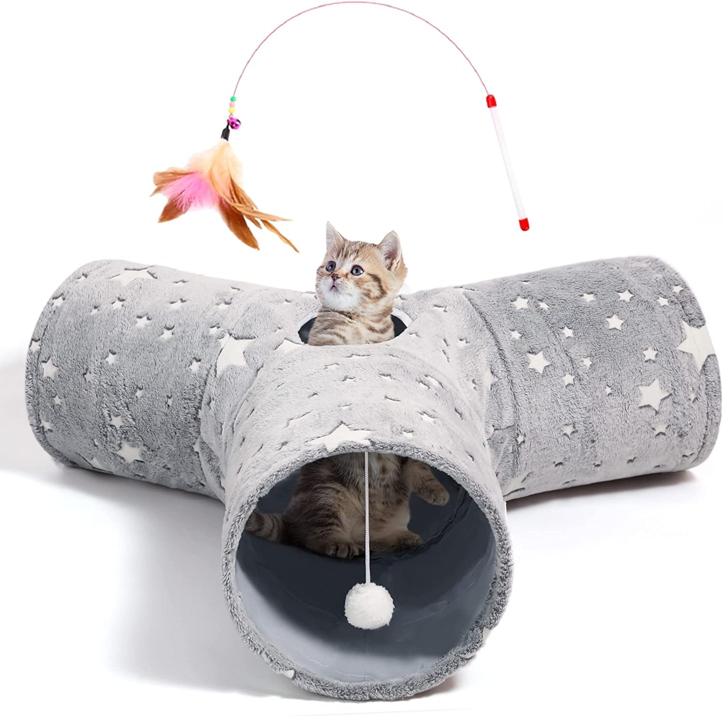 Pet Cat Tunnel Tube Cat Toys 3 Way Collapsible, Tunnels for Indoor Cats，Kitty Bored Peek Hole Toy Ball Cat, Puppy, Kitty, Kitten, Rabbit