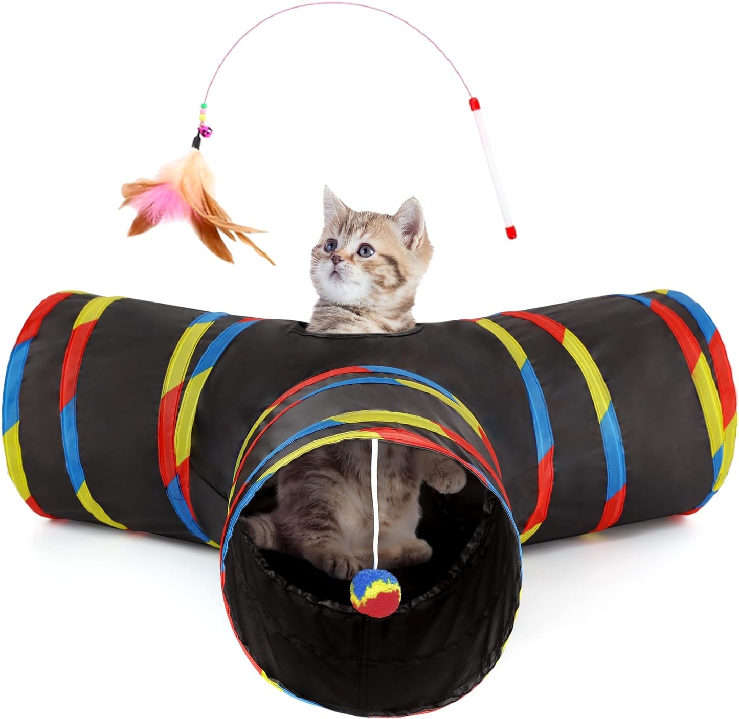 Pet Cat Tunnel Tube Cat Toys 3 Way Collapsible, Tunnels for Indoor Cats，Kitty Bored Peek Hole Toy Ball Cat, Puppy, Kitty, Kitten, Rabbit