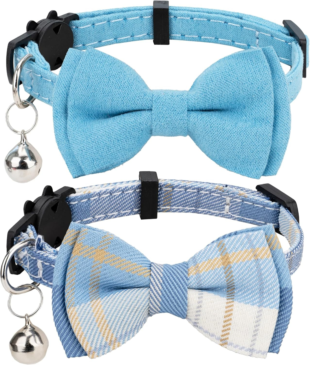 Cat Collar Breakaway Bowtie Safety with Bell Adjustbale Kitten Puppy Solid Plaid Color Set D-[2Pcs] Pink-2