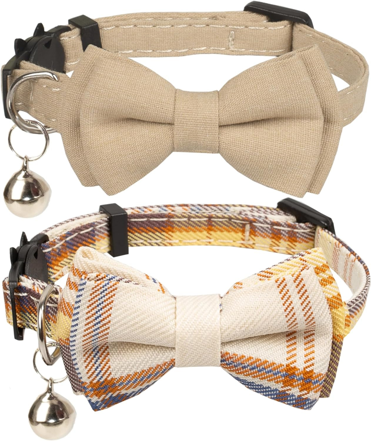 Cat Collar Breakaway Bowtie Safety with Bell Adjustbale Kitten Puppy Solid Plaid Color Set D-[2Pcs] Pink-2