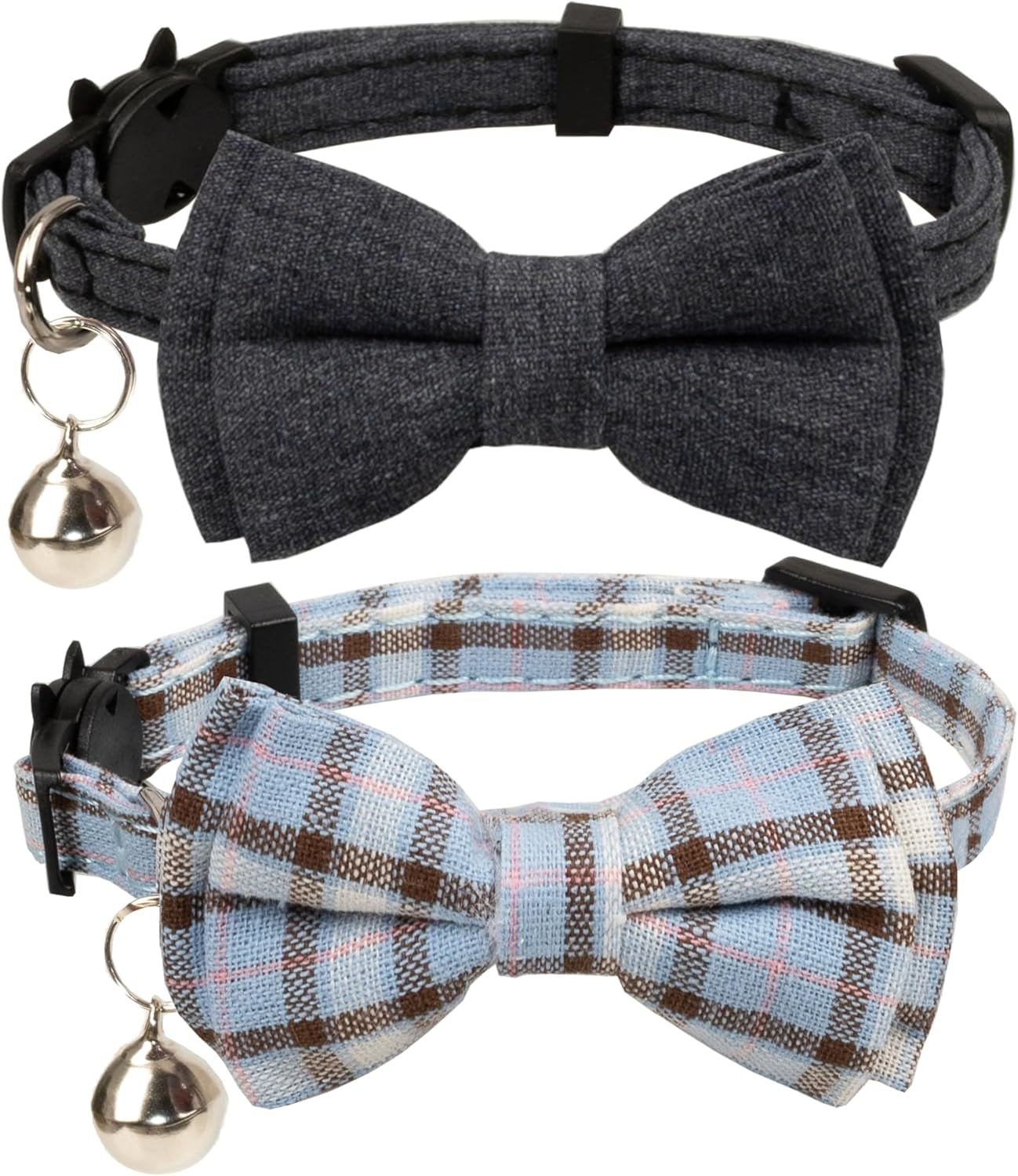 Cat Collar Breakaway Bowtie Safety with Bell Adjustbale Kitten Puppy Solid Plaid Color Set D-[2Pcs] Pink-2