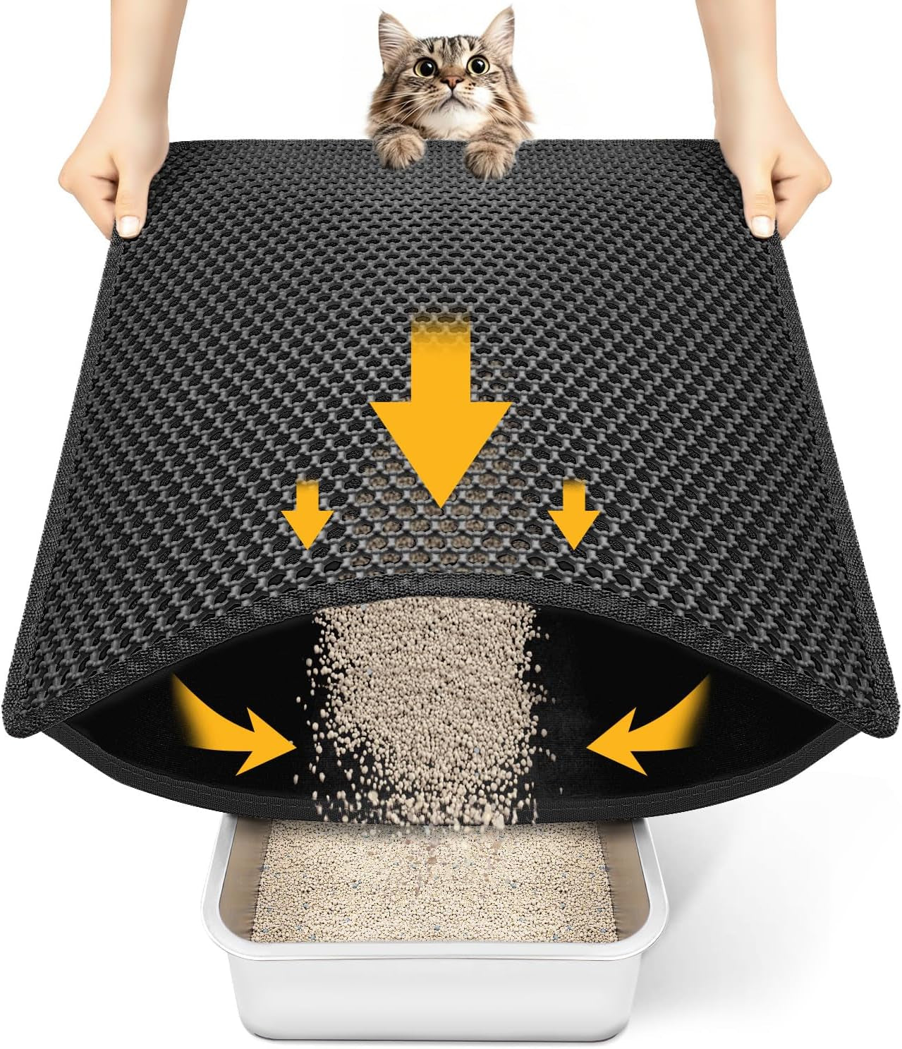 Cat Litter Mat Litter Box Mat, EVA Honeycomb Double Layer Design, Urine & Waterproof, Scatter Control Kitty Litter Mat, Less Waste, Easier to Clean,Washable, Black