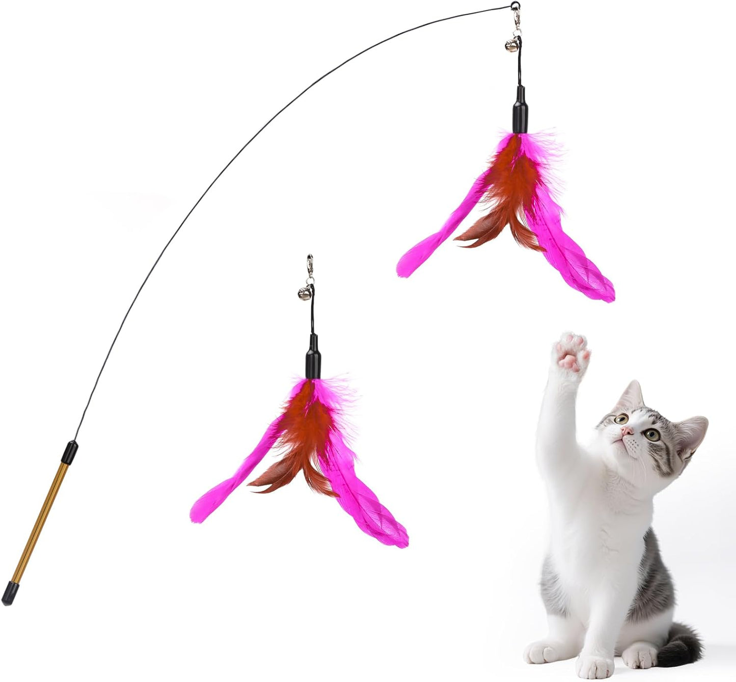 Feather Teaser Cat Toy - Interactive Wand with Extra Long 34.5" Wand and Small Bell, Fun Exerciser Playing Toy for Kittens or Cats, Brown Feather
